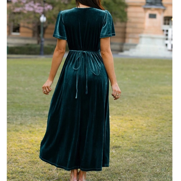 Classic Solid Velvet Wide tie Puff Shoulder Sleeve Party Evening Dress - Picture 9 of 10